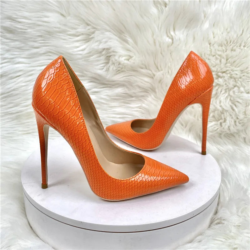 Orange Snake Pattern Pointed Toe Sexy Heels