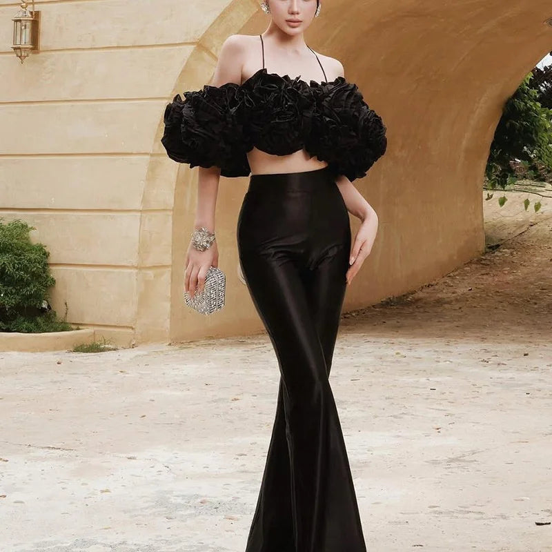 Flowers Pleats Backless Crop Tops