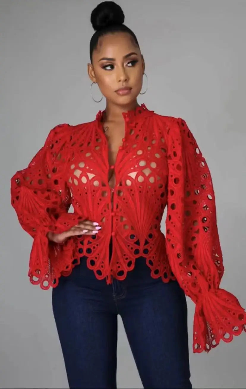 Hollow Out Mesh Lace Blouse