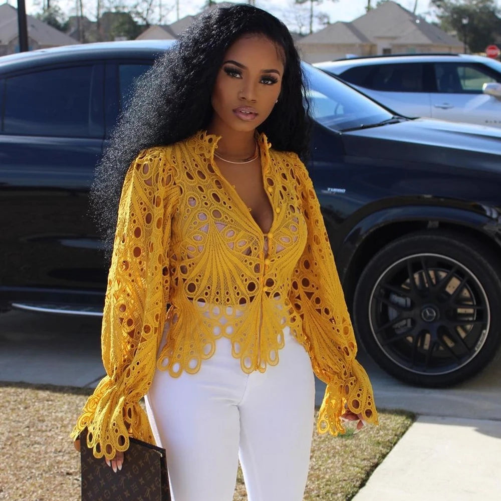 Hollow Out Mesh Lace Blouse