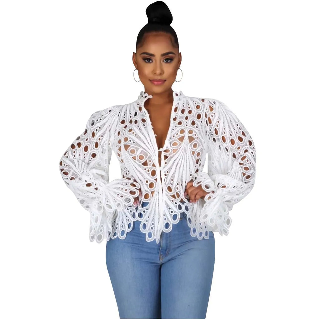 Hollow Out Mesh Lace Blouse