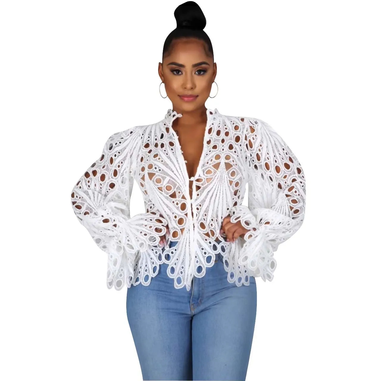Hollow Out Mesh Lace Blouse