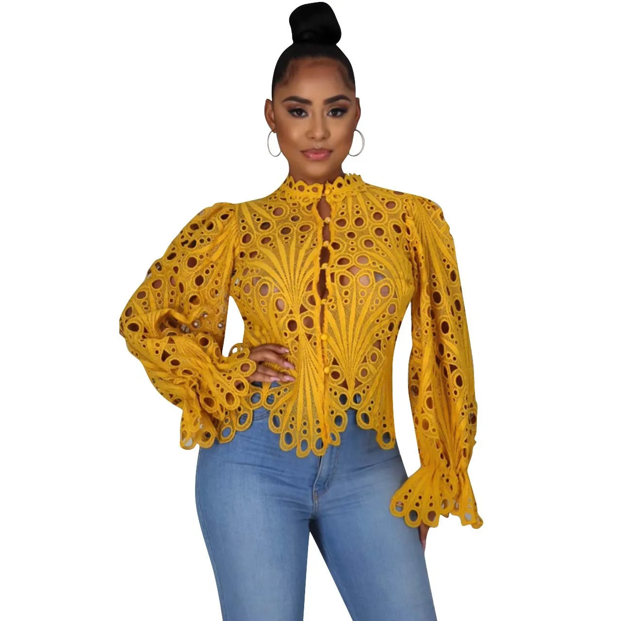 Hollow Out Mesh Lace Blouse