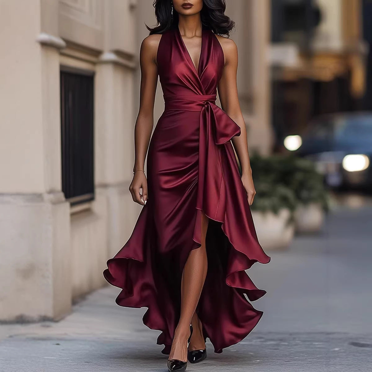Satin Deep V Plunge neck Sleeveless Waist Trimming Ruffles Dress