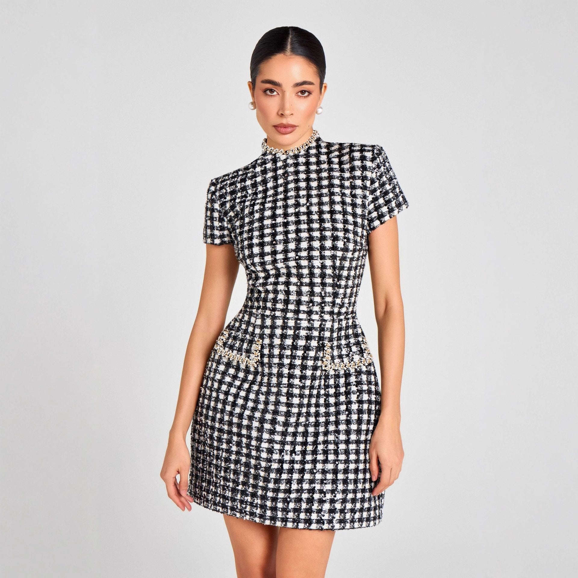 Elegant Slim Fit Beaded Plaid Classic Mini Dress