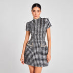 Elegant Slim Fit Beaded Plaid Classic Mini Dress