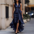 Satin Deep V Plunge neck Sleeveless Waist Trimming Ruffles Dress