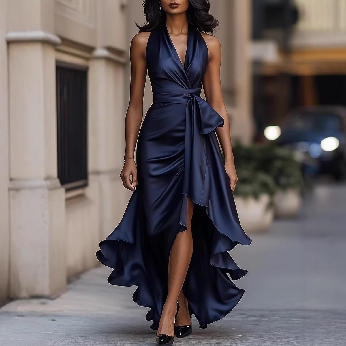 Satin Deep V Plunge neck Sleeveless Waist Trimming Ruffles Dress