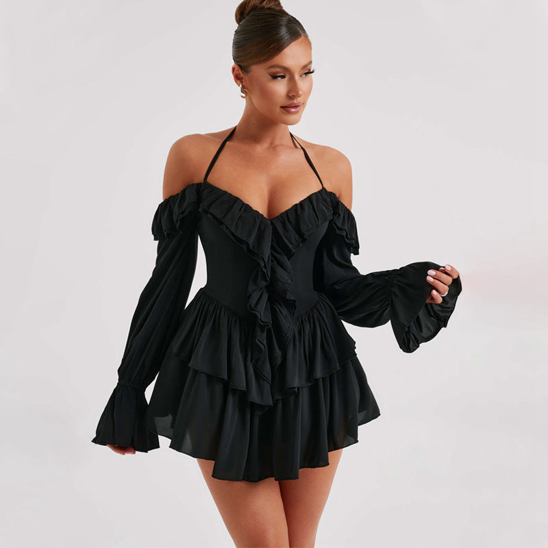 Autumn Halter Low Cut Ruffled Long Sleeve Romper