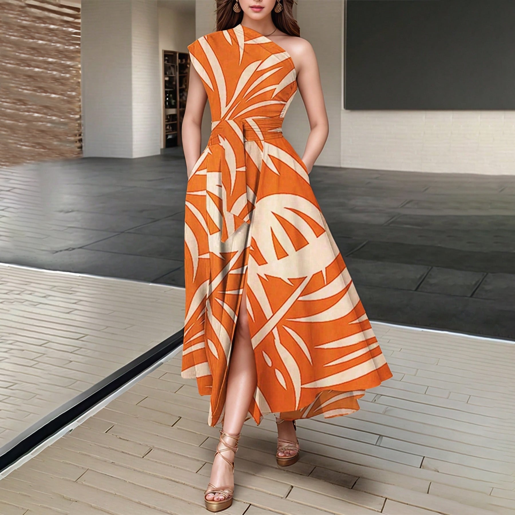 Printed Dress One Shoulder Sleeveless Dress