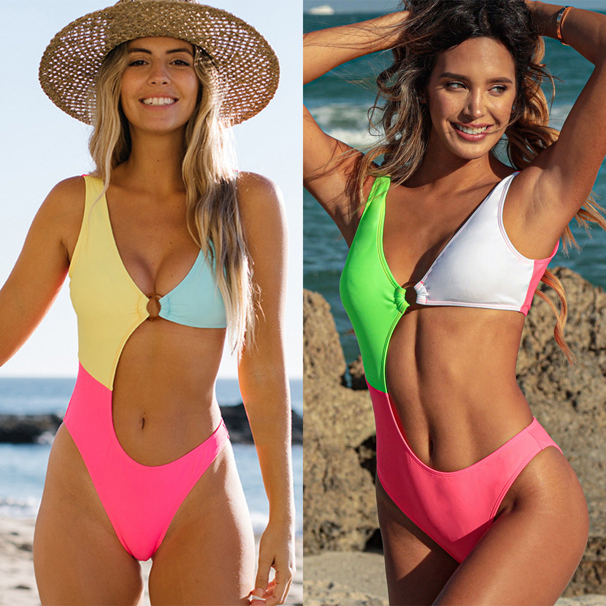 Fashion Sexy Bikini One-Piece Color Matching Swimsuit