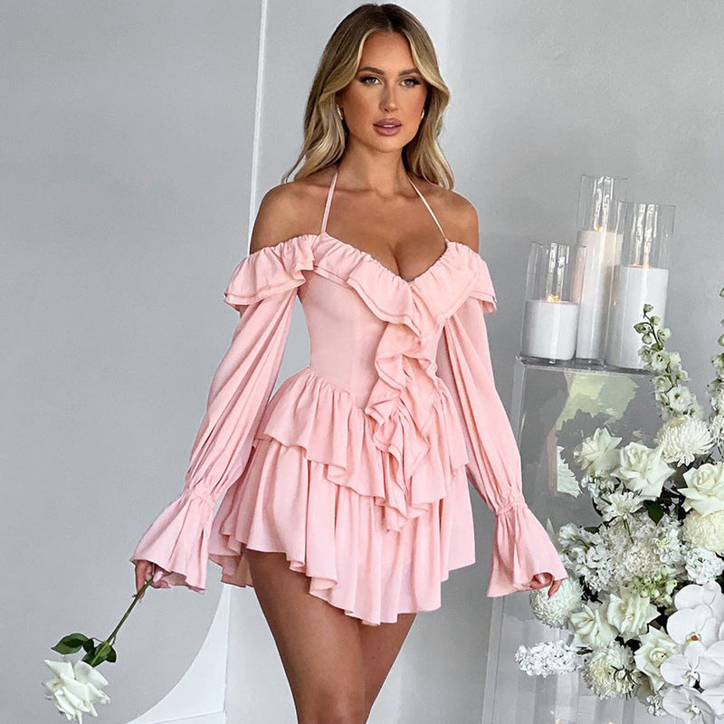 Autumn Halter Low Cut Ruffled Long Sleeve Romper