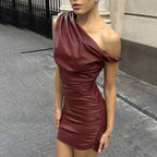 Faux Leather Diagonal Collar Twisted Pleated Sheath Dress
