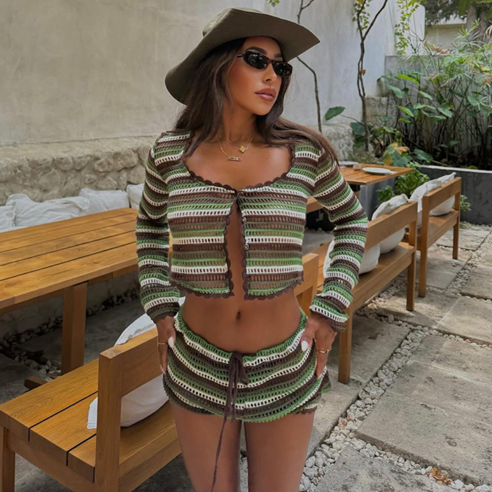 Knitted Striped Beach Bikini Swimsuit Skirt Set