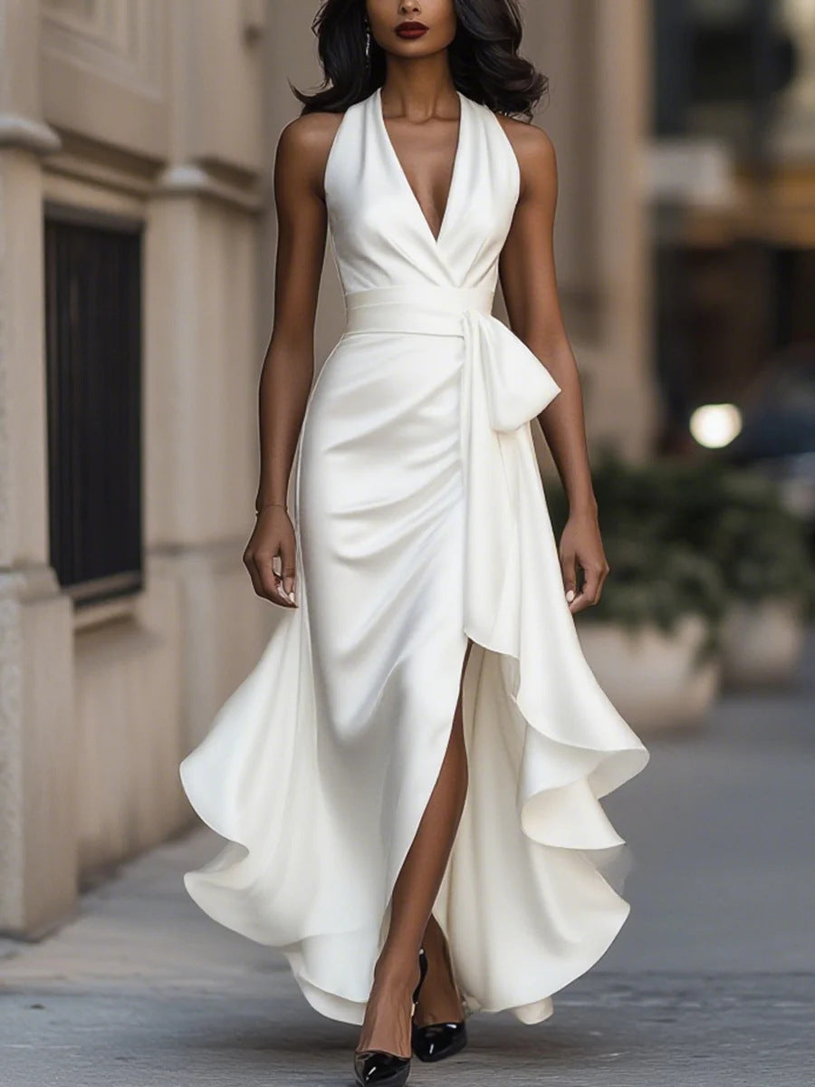 Satin Deep V Plunge neck Sleeveless Waist Trimming Ruffles Dress