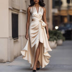 Satin Deep V Plunge neck Sleeveless Waist Trimming Ruffles Dress