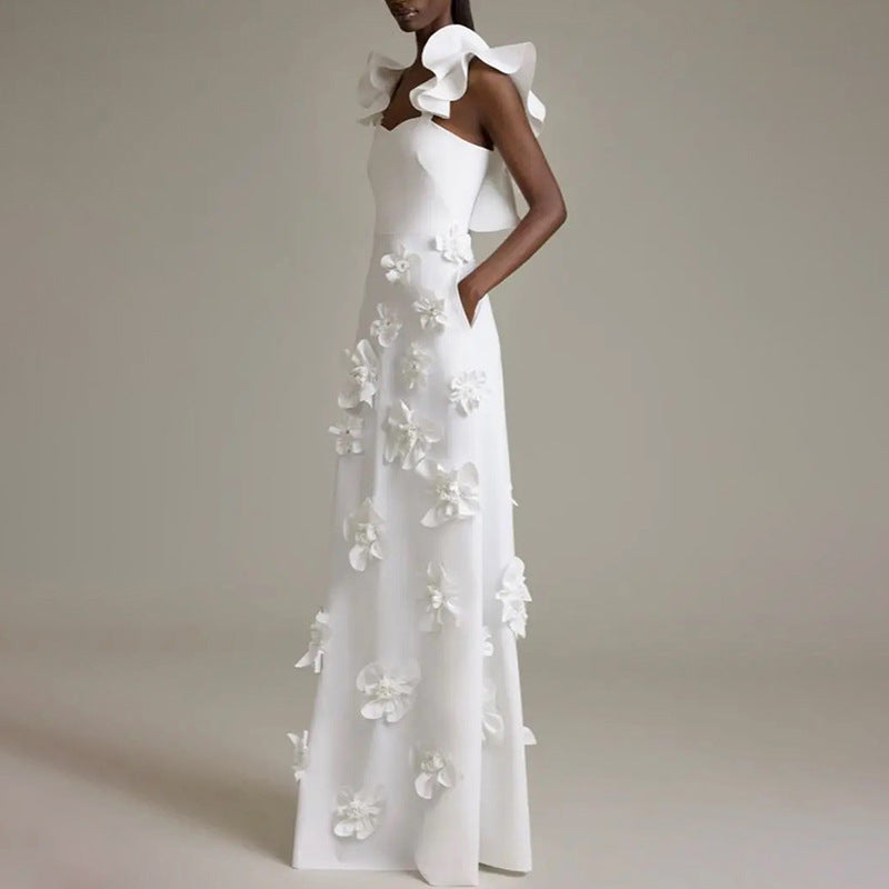 Stitching Floral Summer White Slim Fit Slim Backless Dress