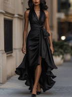 Satin Deep V Plunge neck Sleeveless Waist Trimming Ruffles Dress