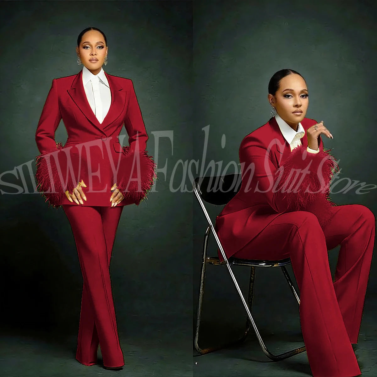 Luxury Feather Applique Single Breasted 2 Pieces Female Suit (Blazer+Pants)