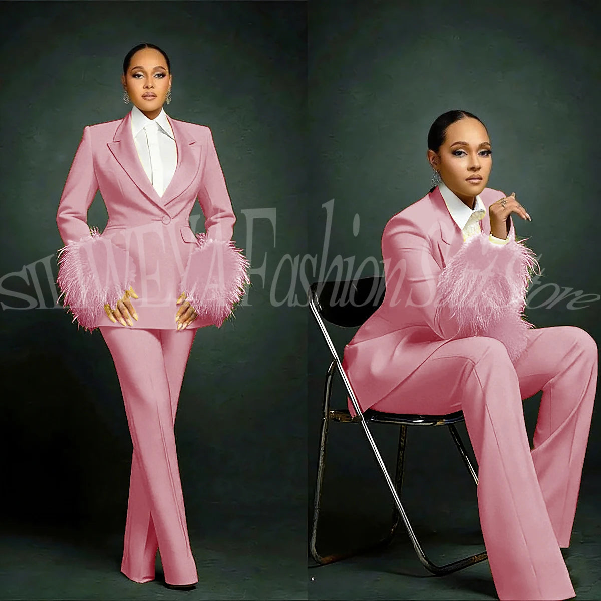 Luxury Feather Applique Single Breasted 2 Pieces Female Suit (Blazer+Pants)