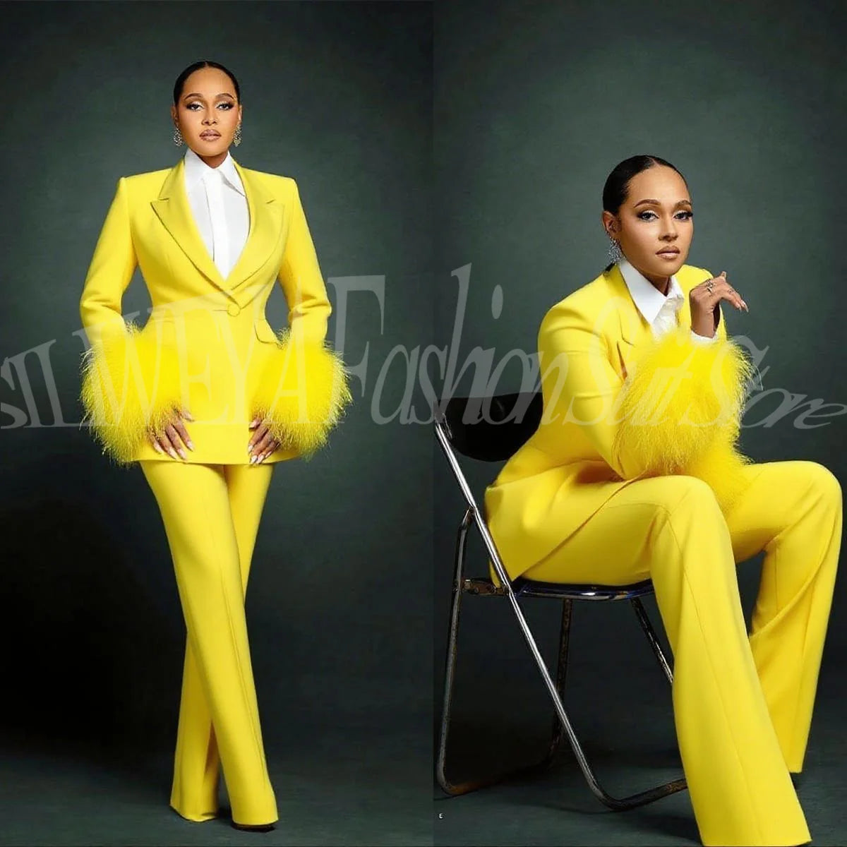 Luxury Feather Applique Single Breasted 2 Pieces Female Suit (Blazer+Pants)