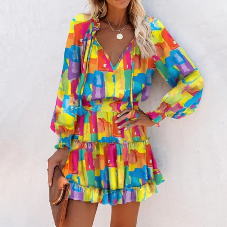 Colorful Floral Printed Drawstring Ruffle Miniskirt Robe
