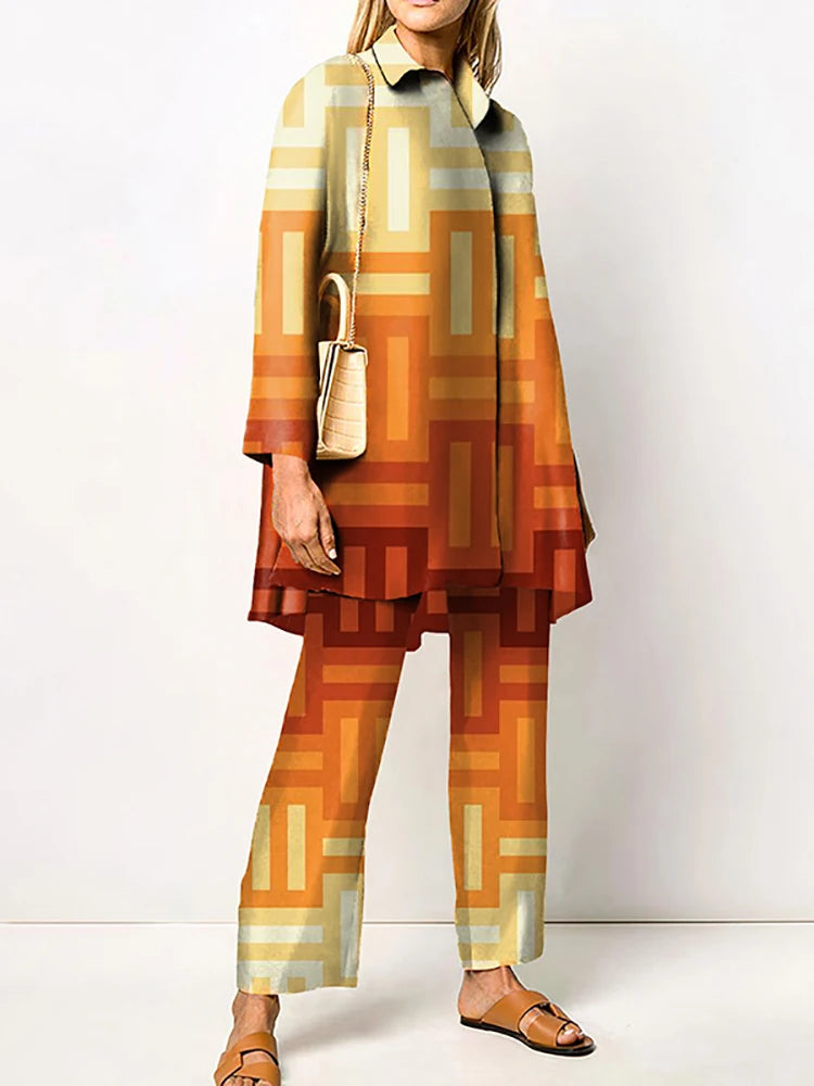 Elegant Loungewear Print 2PCS Ladies Suit Long Sleeve Wide Leg Pants Set