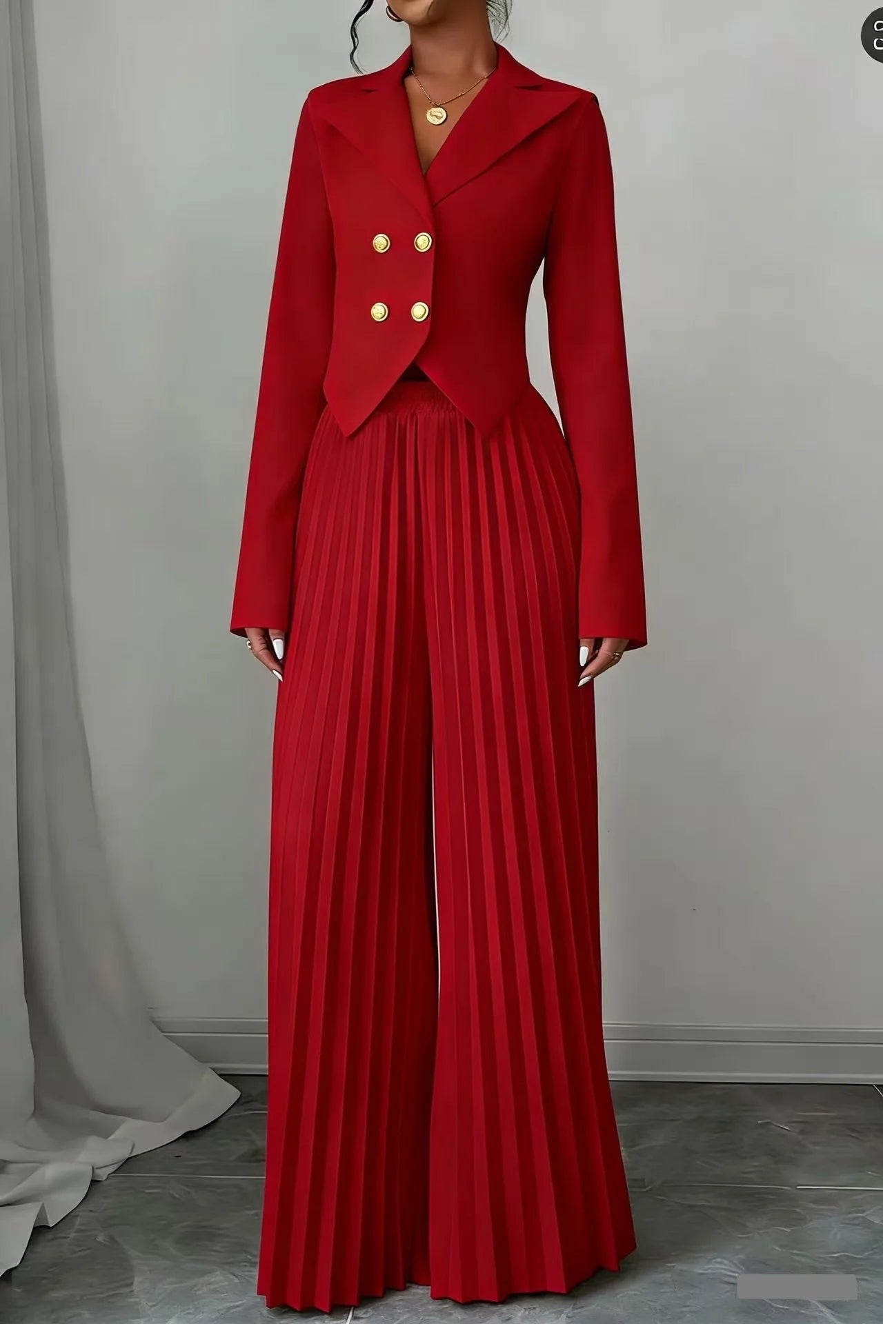 Fashion Pleated Trousers Two-piece Women's Suit Short Top Suit