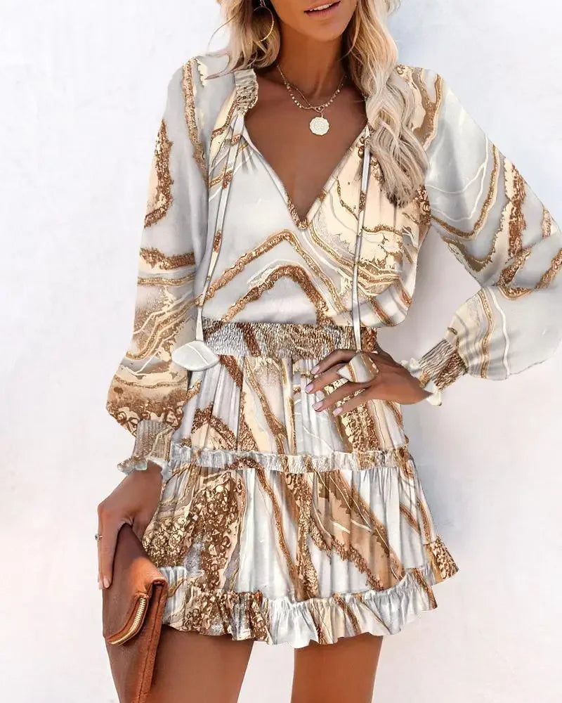 Colorful Floral Printed Drawstring Ruffle Miniskirt Robe