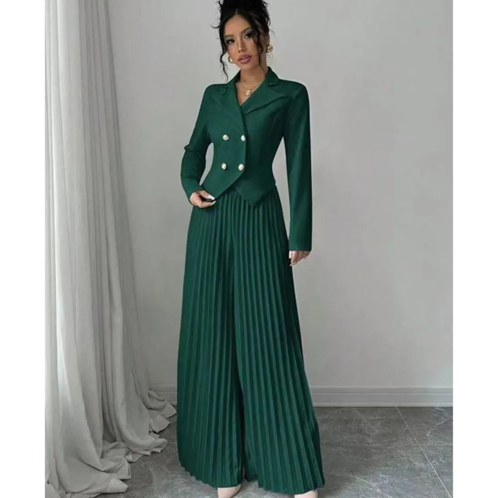 Fashion Pleated Trousers Two-piece Women's Suit Short Top Suit