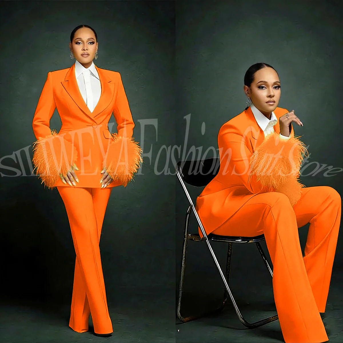 Luxury Feather Applique Single Breasted 2 Pieces Female Suit (Blazer+Pants)