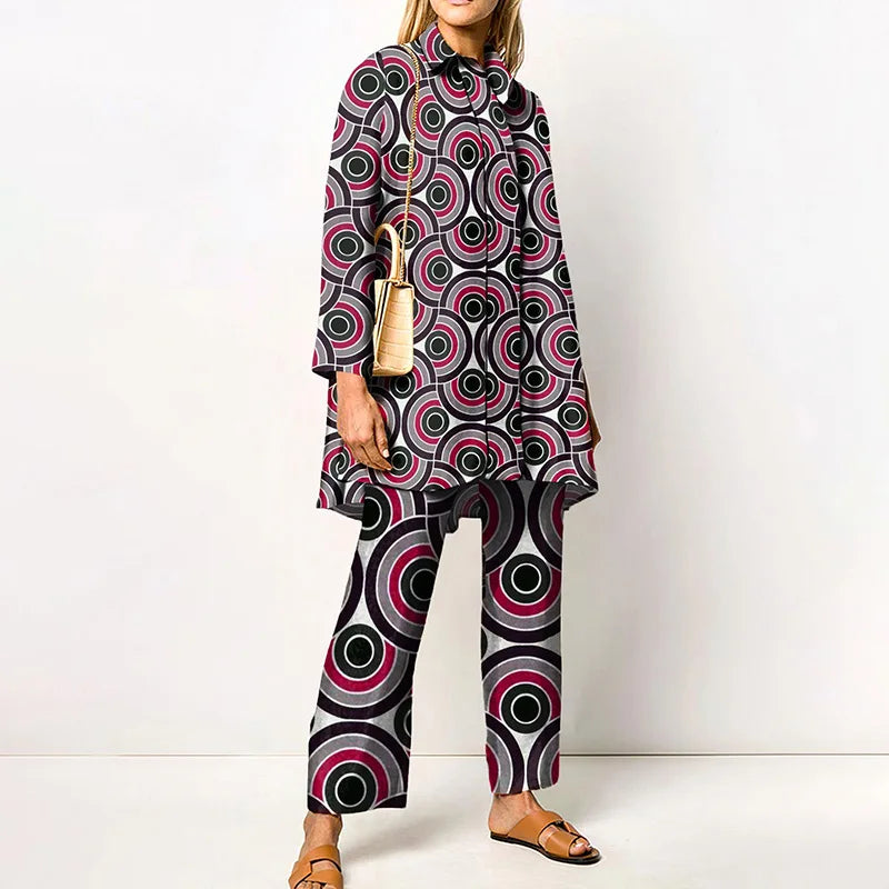 Elegant Loungewear Print 2PCS Ladies Suit Long Sleeve Wide Leg Pants Set