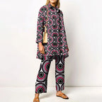 Elegant Loungewear Print 2PCS Ladies Suit Long Sleeve Wide Leg Pants Set