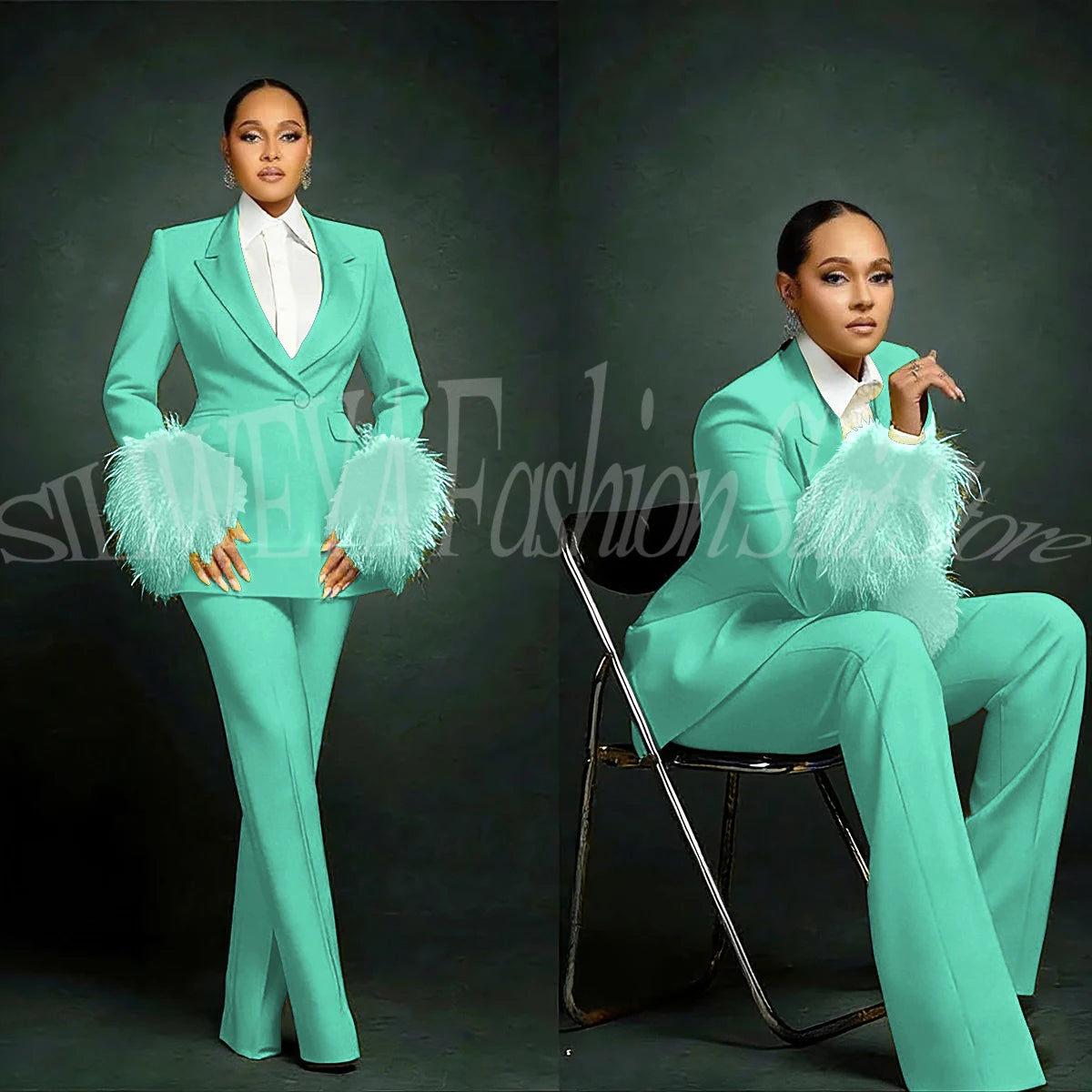 Luxury Feather Applique Single Breasted 2 Pieces Female Suit (Blazer+Pants)
