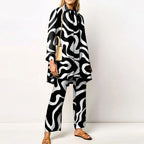 Elegant Loungewear Print 2PCS Ladies Suit Long Sleeve Wide Leg Pants Set