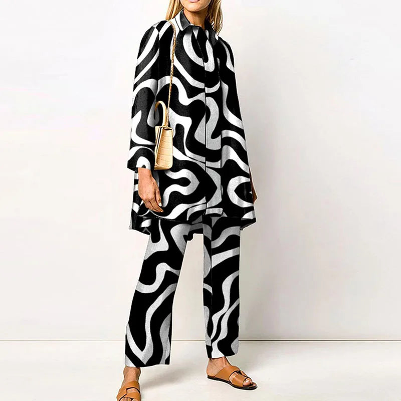 Elegant Loungewear Print 2PCS Ladies Suit Long Sleeve Wide Leg Pants Set