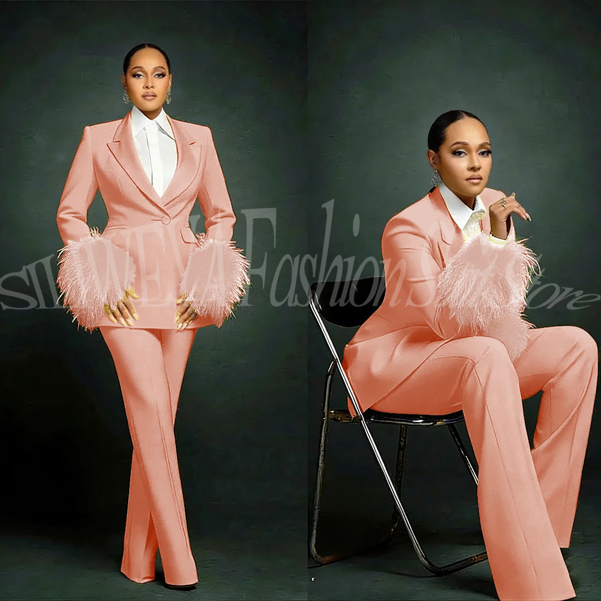 Luxury Feather Applique Single Breasted 2 Pieces Female Suit (Blazer+Pants)