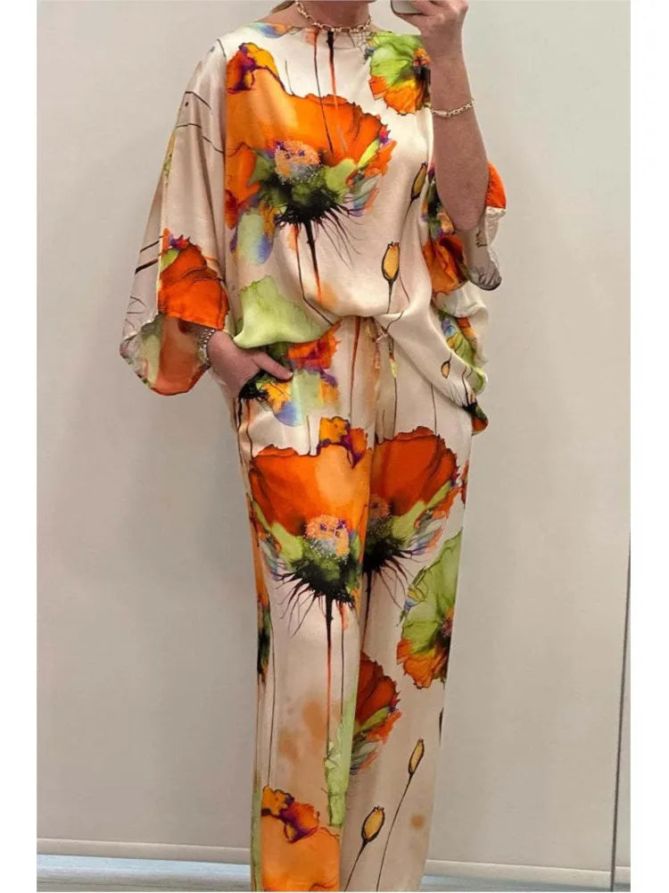 Satin Two Piece Sexy Top+Wide Leg Long Pants Outfits