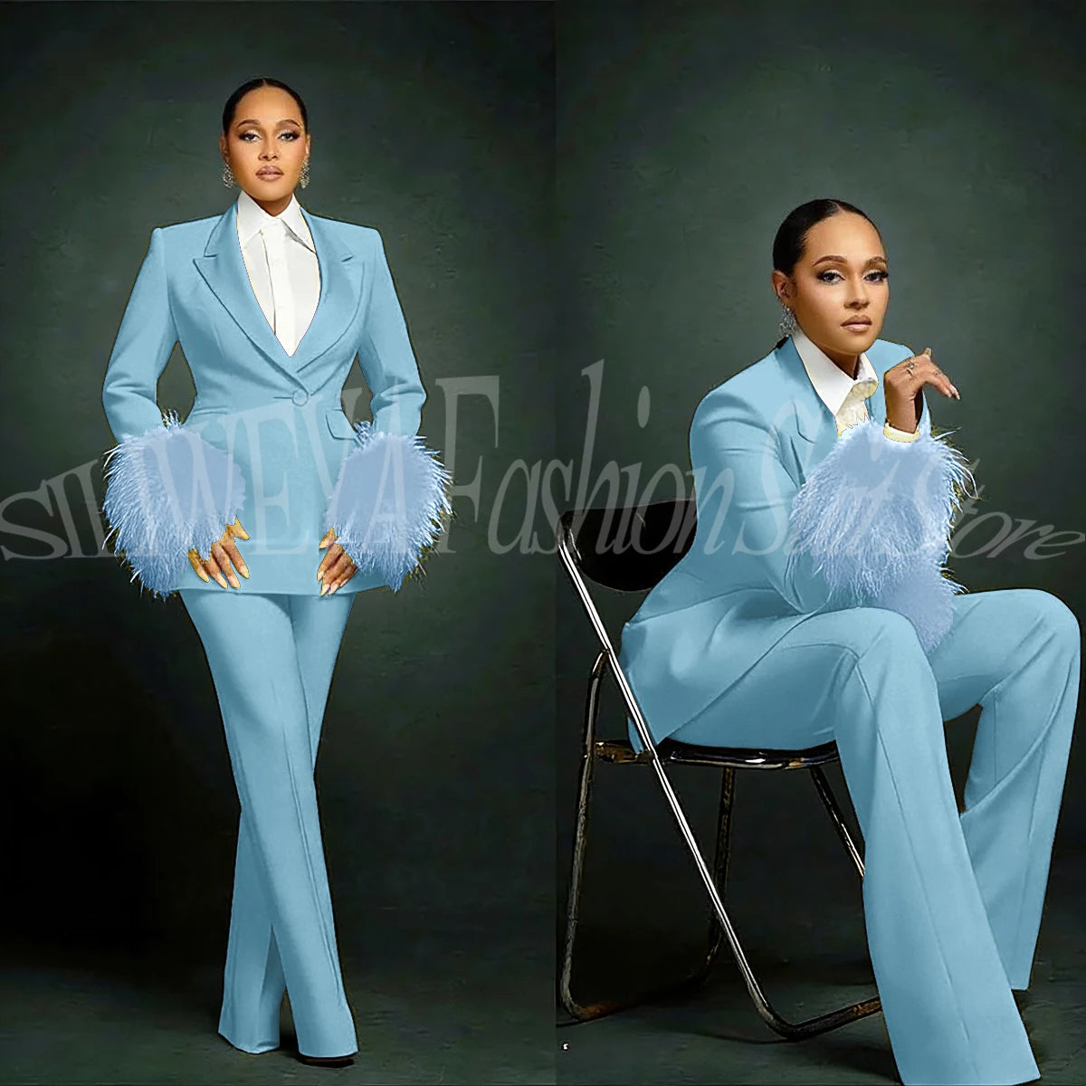 Luxury Feather Applique Single Breasted 2 Pieces Female Suit (Blazer+Pants)