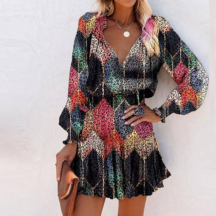 Colorful Floral Printed Drawstring Ruffle Miniskirt Robe