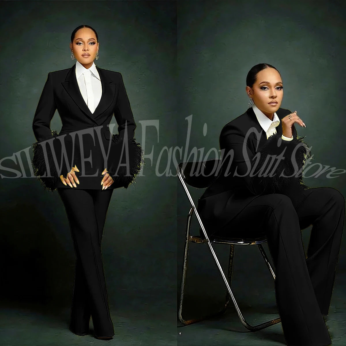 Luxury Feather Applique Single Breasted 2 Pieces Female Suit (Blazer+Pants)