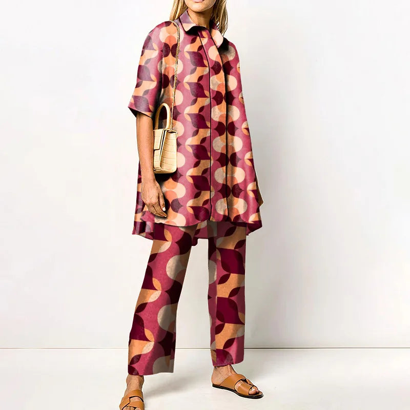 Elegant Loungewear Print 2PCS Ladies Suit Long Sleeve Wide Leg Pants Set