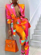 Elegant Blazers Tops Pencil Pants Single Breasted Retro Print Two Piece Sets