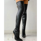 11.5cm Ultra High Heel Over The Knee Boots Black PU Pointed Toe Thigh High Boots w/ Zipper