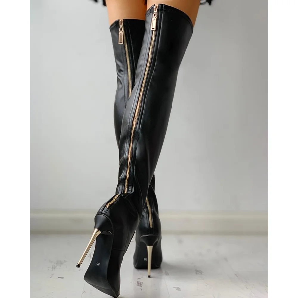 11.5cm Ultra High Heel Over The Knee Boots Black PU Pointed Toe Thigh High Boots w/ Zipper