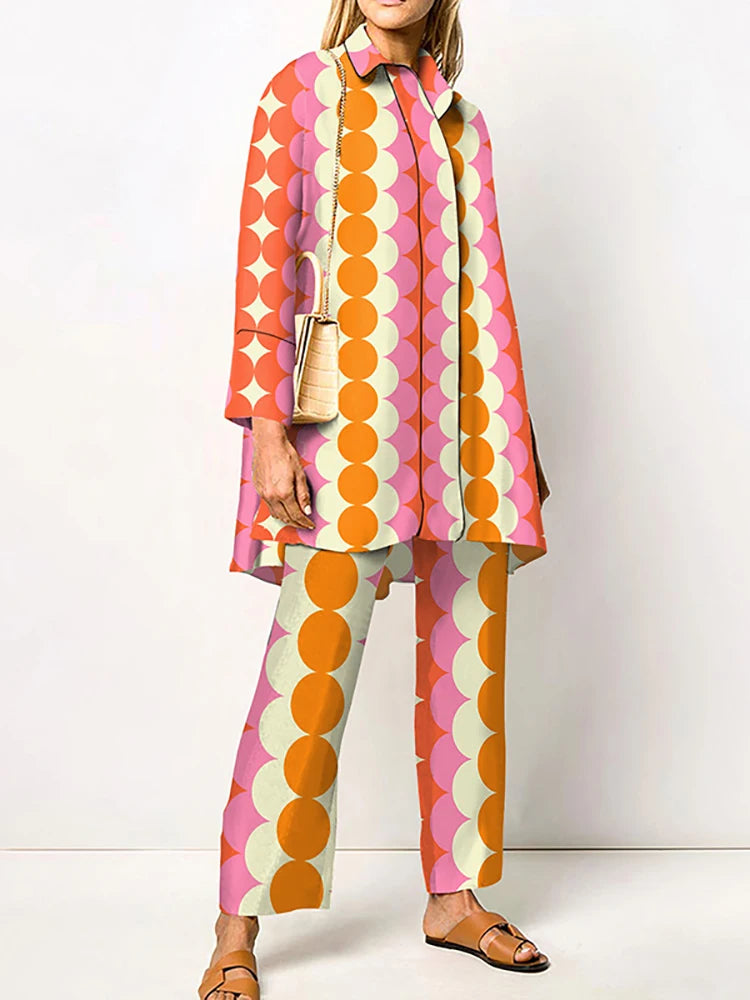 Elegant Loungewear Print 2PCS Ladies Suit Long Sleeve Wide Leg Pants Set