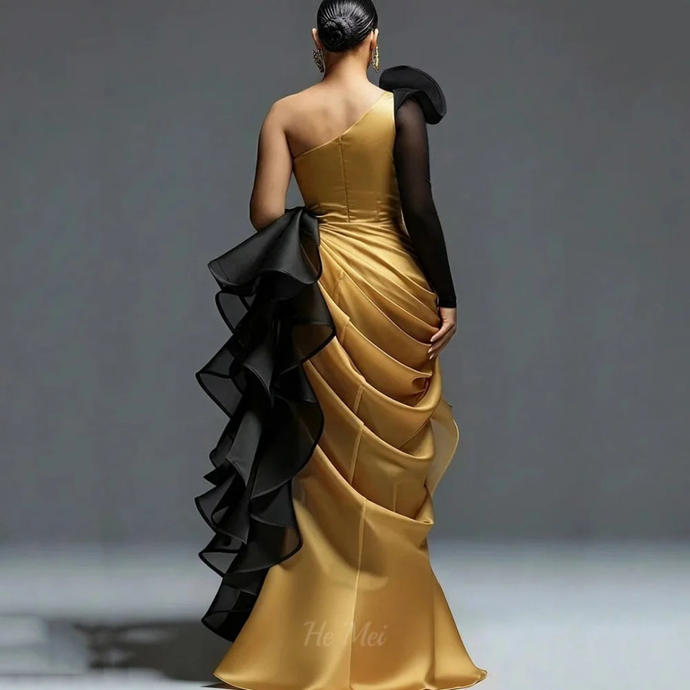 Vintage One Shoulder Contrast Color Split Gown