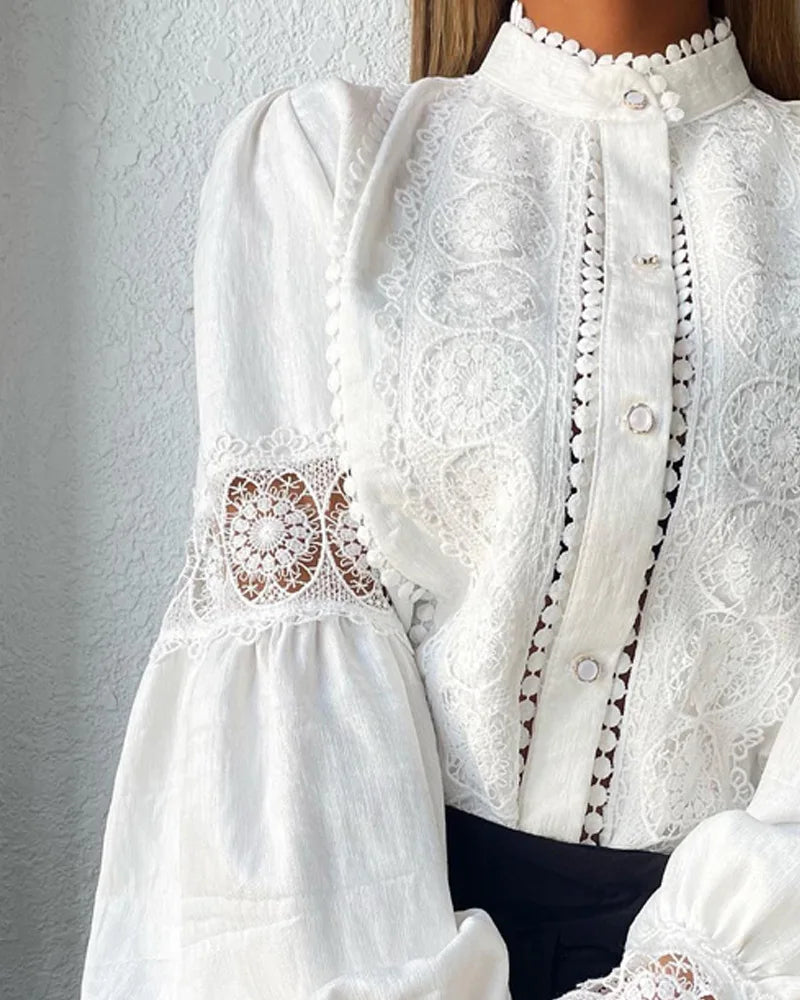 Lace Hook Flower Hollow Puff Sleeves Blouse