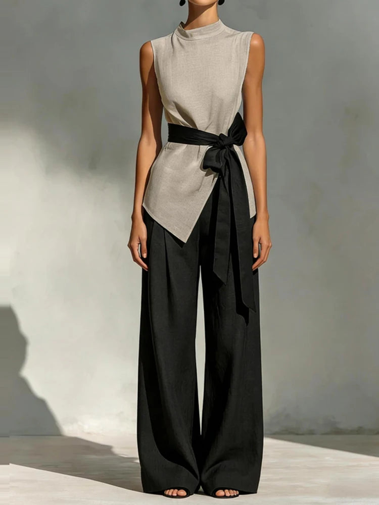 Fashion High Street Pocket Loose Sleeveless Top and Pants Two-piece Set