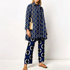 Elegant Loungewear Print 2PCS Ladies Suit Long Sleeve Wide Leg Pants Set